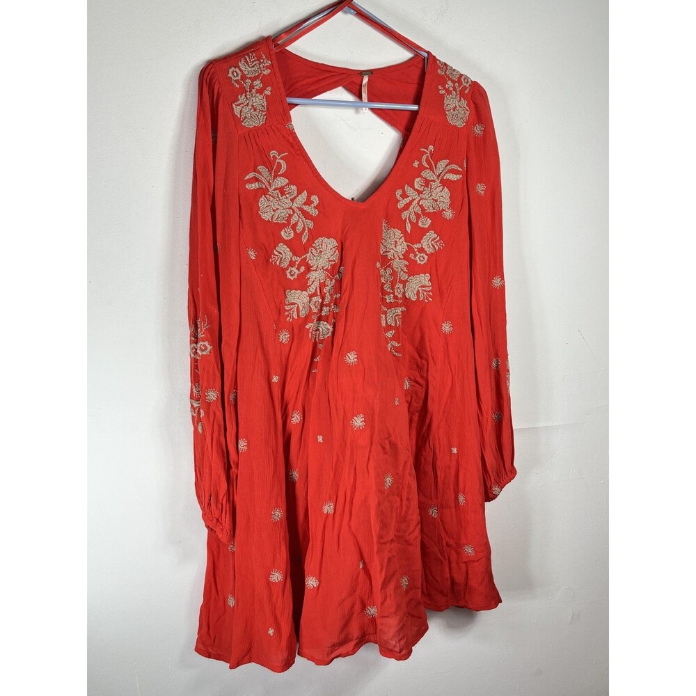 Free People Dress Womens Medium Red Embroidered Boho Peasant Tunic Mini Flowy